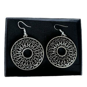 Large Round Disc Drop Silver Filagree Earrings with Small Black Stones Pierced